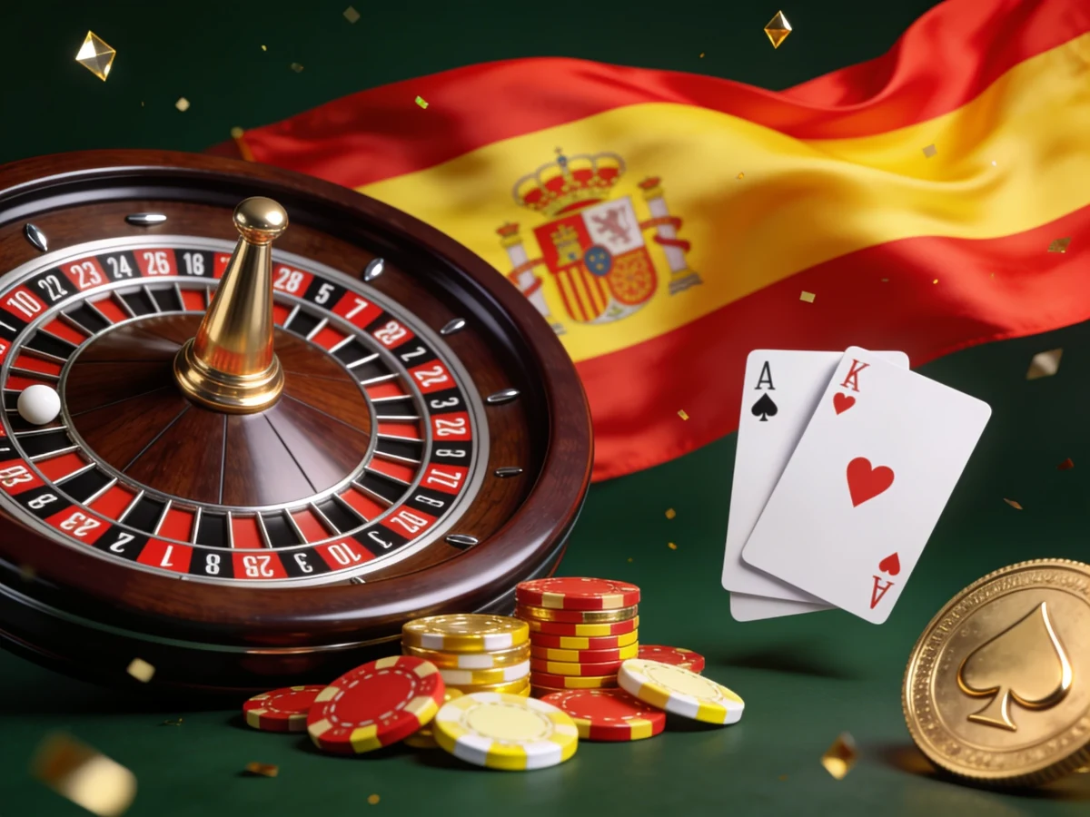 Ruleta, fichas, cartas y una moneda dorada ante una bandera de España ondeando